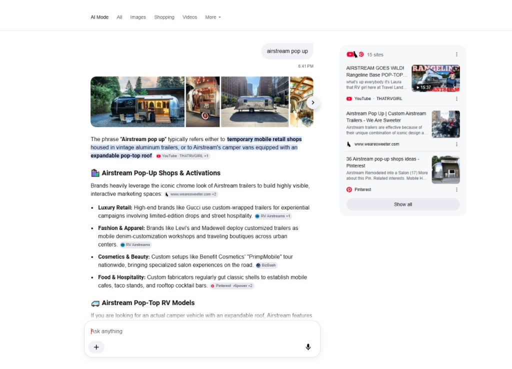 Airstream Pop Up in AI Answers